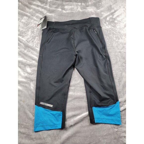 NEW Under Armour Fly Capri Compression Leggings Large black/aqua Blue heat‎ gear - Picture 2 of 11